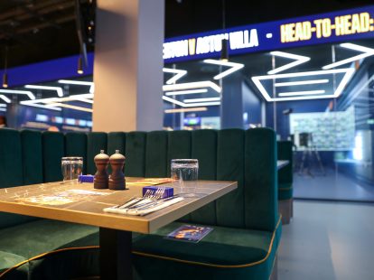 Seating within the Beyond Tunnel Club, a premium hospitality package at Everton's Hill Dickinson Stadium.